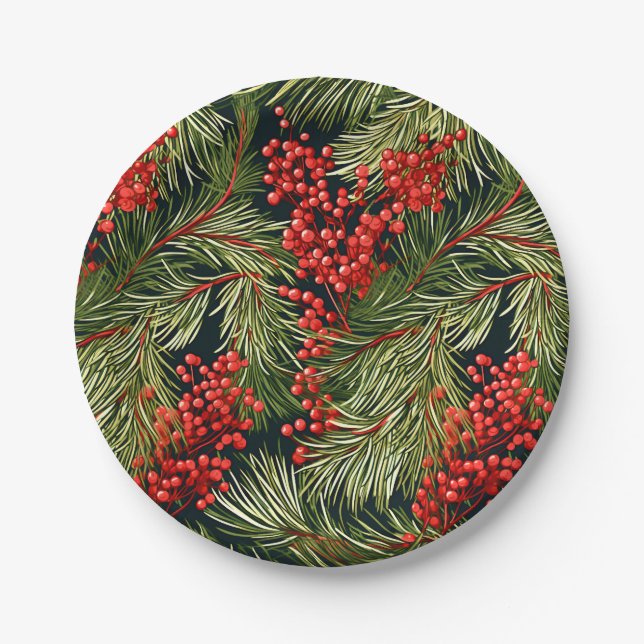Christmas Botanical Branches and Berries Paper Plate (Front)