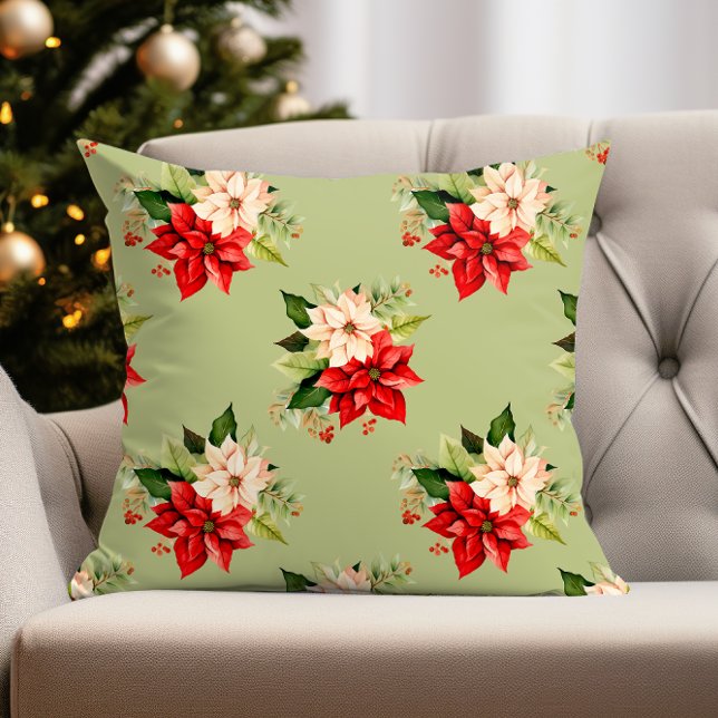 Christmas Botanical Elegance with Poinsettia Cushion (poinsettia pillow perfect for christmas holiday decor)