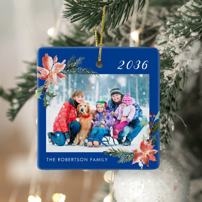 Christmas Botanical Family Photo Blue Ceramic Ornament (Creator Uploaded)