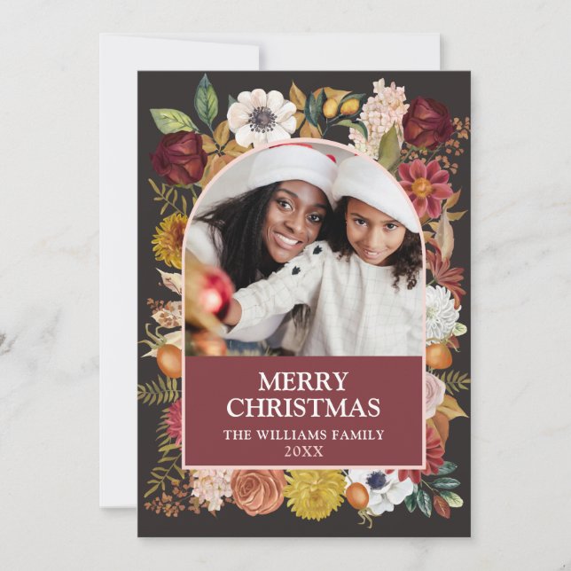 Christmas Botanical Floral 1 Photo Arch Holiday Card (Front)