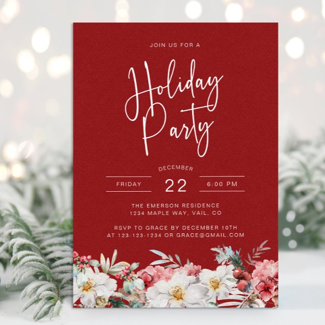 Christmas Botanical Holiday Party Invitation (Elegant Watercolor Botanical Floral Christmas Holiday Party Invitation by Painted Paperie)