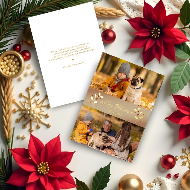 Christmas Botanical Holly Branches Themed Photo (Christmas Botanical Holly Branches Themed Photo Script Metallic Foil Holidays Card with Envelope. )