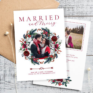 Christmas botanical Married and Merry photo Holiday Card