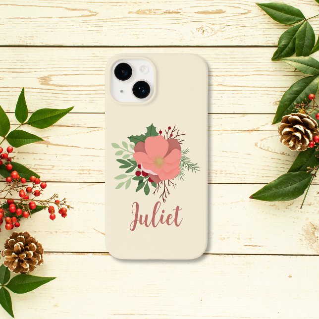 Christmas Botanical Personalised Name Case-Mate iPhone Case (coquette christmas pink botanical phone case personalized with name for friend gift)