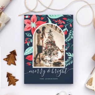 Christmas Botanical Red Floral Blue Arch Photo Holiday Card