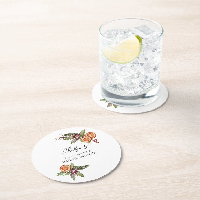 Christmas Botanical Spice Bridal Shower Round Paper Coaster (Insitu)