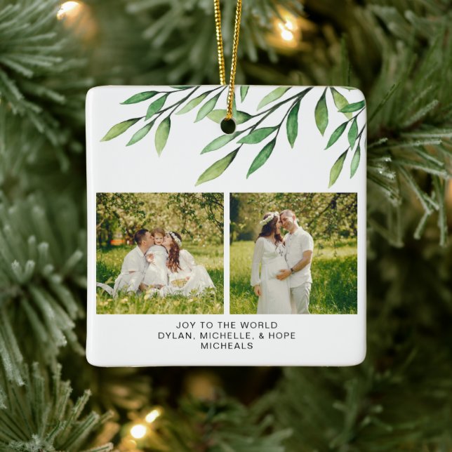 Christmas Botanical Watercolor Family Photo Ceramic Ornament (Tree)