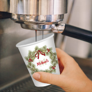 Christmas Botanical Wreath Holly Red Monogram Paper Cups