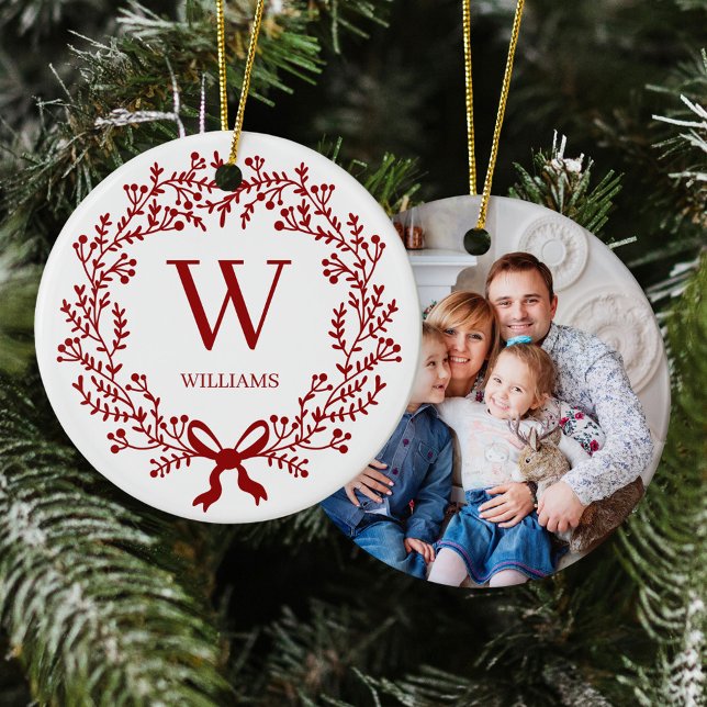 Christmas Botanical Wreath Monogram Photo Ceramic Tree Decoration (Creator Uploaded)