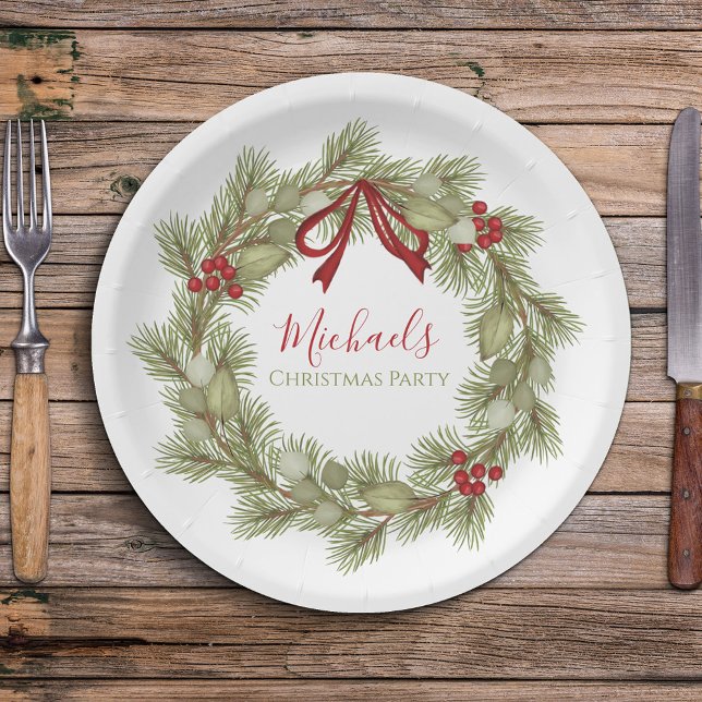 Christmas Botanical Wreath Red Holly Berries Leaf Paper Plate (Simple Wreath design holiday paper plate with an elegant calligraphy script.)