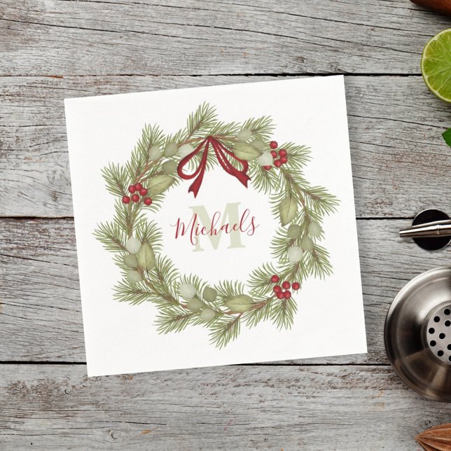 Christmas Botanical Wreath Red Holly Monogram Napkin (Creator Uploaded)