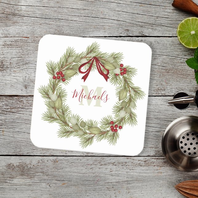 Christmas Botanical Wreath Red Holly Monogram Square Paper Coaster (Creator Uploaded)