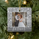 Christmas Botanicals Ceramic Ornament<br><div class="desc">Your favorite photo on white leaves, berries and dots and ANY COLOR background (we show gray.) CHANGE the word FOREVER to anything! TIP: Put your text between the squares to retain the text swashes - upload a high resolution, photo cropped to square shape. This Christmas ornament makes a memorable gift...</div>