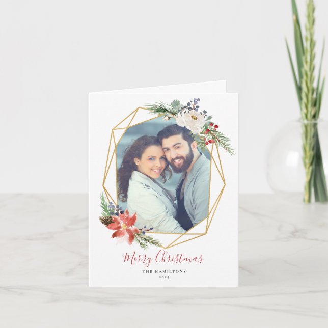 Christmas Botanicals Geometric Photo Holiday Card (Front)