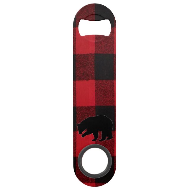 Christmas Bottle Opener Red Plaid Black Bear (Front)