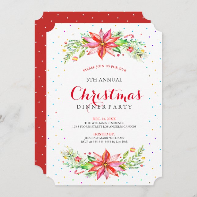 Christmas bouquet border dinner invitation (Front/Back)