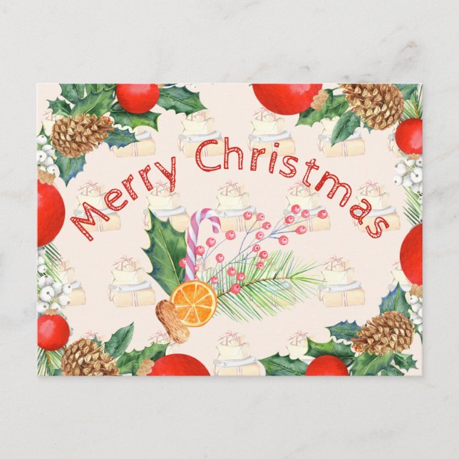 Christmas Bouquet Burnt Orange Candy Barry Wreath Holiday Postcard (Front)