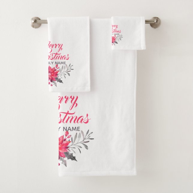Christmas Bouquet & Merry Christmas Typography Bath Towel Set (Insitu)