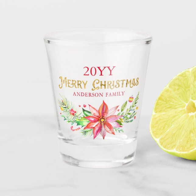 Christmas bouquet Merry Christmas Typography Shot Glass (Front)