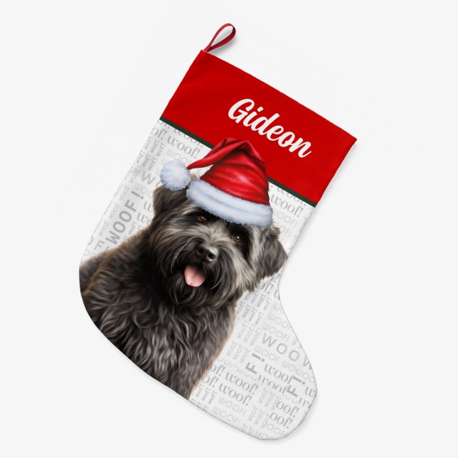 Christmas Bouvier Dog with Name Woof Background Large Christmas Stocking (Front (Hanging))