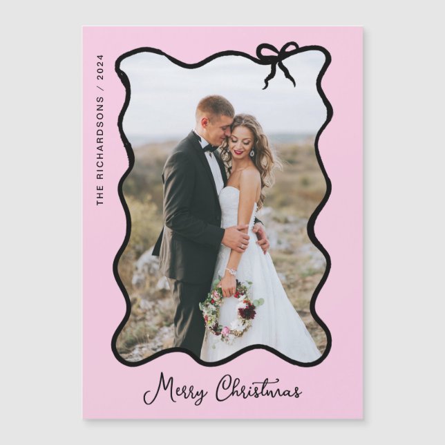 Christmas Bow | Black and Pink Photo Magnetic Card (Front)