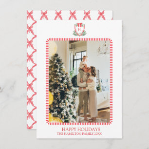 Christmas Bow Crest Monogram Photo Grandmillennial Holiday Card