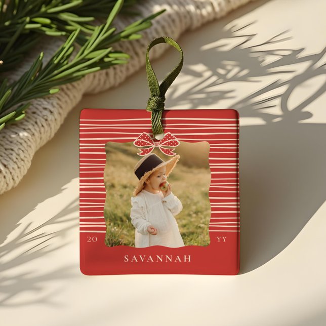Christmas Bow Modern Stripes Wavy Photo Keepsake Ceramic Ornament (Christmas Bow Modern Stripes Wavy Photo Keepsake Ceramic Ornament)