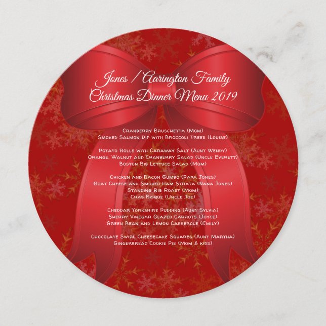 Christmas Bow Red Family Dinner Menu Template (Front)
