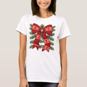 Christmas Bow Red Knit Snowflake Design T-Shirt