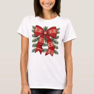 Christmas Bow Red Knit Snowflake Design T-Shirt