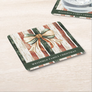 Christmas Bow Rustic Stripes Personalised Square Paper Coaster