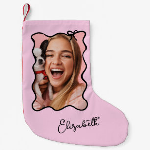 Christmas Bow Wavy Blush Pink and Black Photo Small Christmas Stocking
