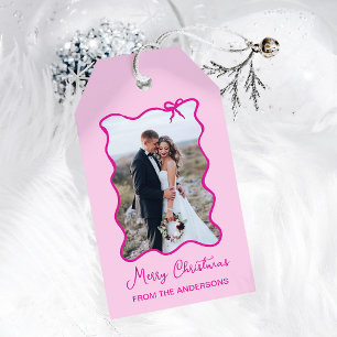 Christmas Bow   Wavy Pink Photo Frame Gift Tags