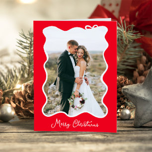Christmas Bow   Wavy Red and White Photo Frame Holiday Card