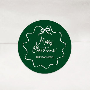 Christmas Bow Wavy Whimsical Green and White Classic Round Sticker