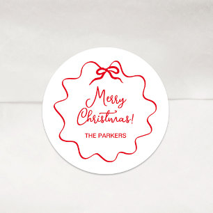 Christmas Bow   Wavy White with Red Classic Round Sticker