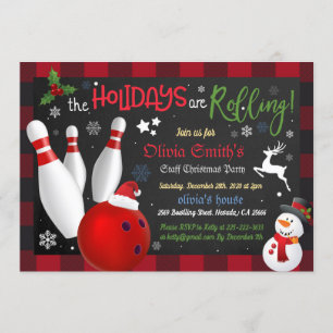 Christmas Bowling Holiday Buffalo Plaid Invitation