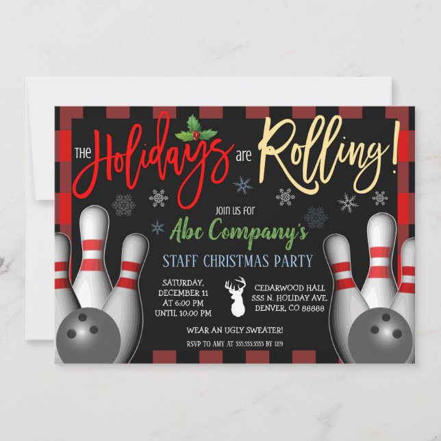 Christmas Bowling Party Invitation, Corporate Invitation (Front)