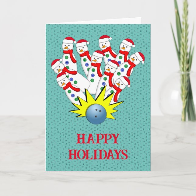 Christmas Bowling Snowmen... Strike! Holiday Card (Front)