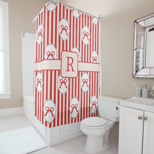 Christmas bows and ribbons monogram initial shower curtain (In Situ)