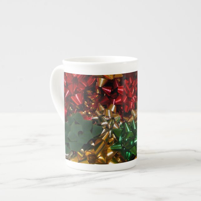 Christmas Bows Colourful Festive Holiday Bone China Mug (Front Left)