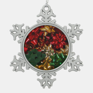 Christmas Bows Colourful Festive Holiday Snowflake Pewter Christmas Ornament