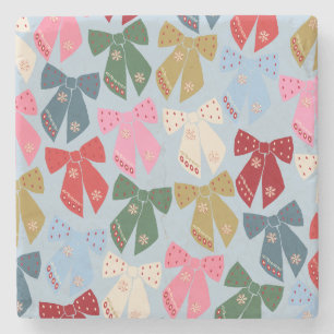 Christmas Bows Coquette Blue Stone Coaster