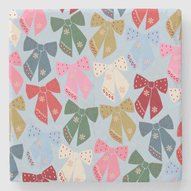 Christmas Bows Coquette Blue Stone Coaster (Front)