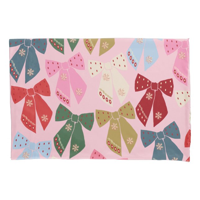 Christmas Bows Coquette Pink Pillowcase (Front)
