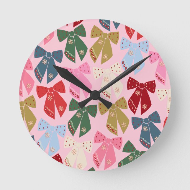 Christmas Bows Coquette Pink Round Clock (Front)