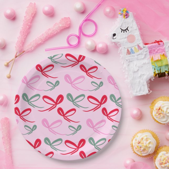 Christmas bows green pink whimiscal hand drawn paper plate (Party)
