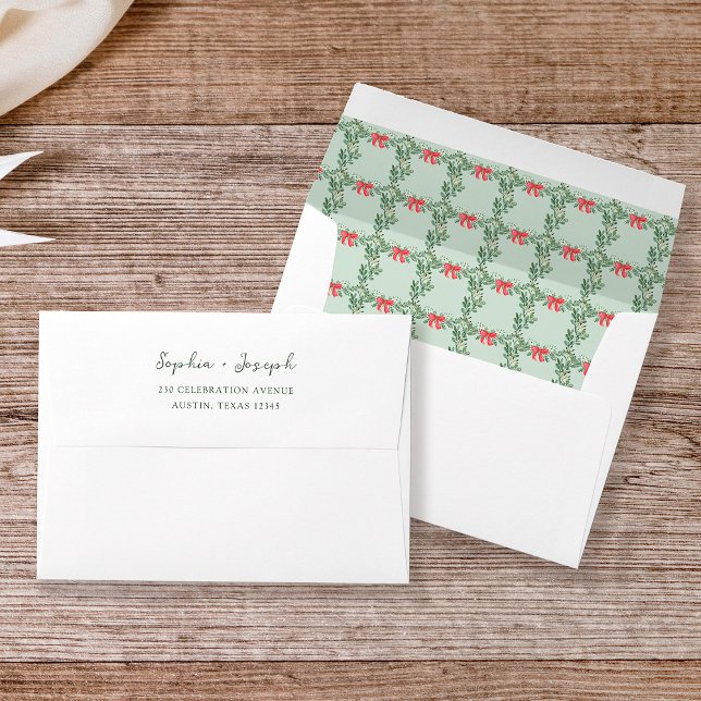 Christmas Bows | Green Whimsical Holiday Wedding Envelope (Creator Uploaded)