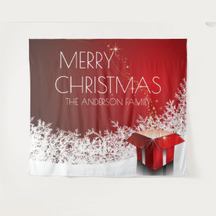 Christmas box surprise snowflakes red white banner tapestry