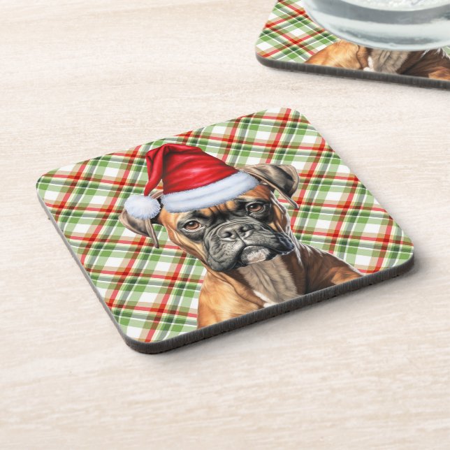 Christmas Boxer Dog with Green Red Plaid Holiday Coaster (Left Side)